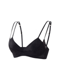 Angled view of a black silk and lace bra featuring smooth V-shaped cups, floral lace panels, and adjustable double shoulder straps.