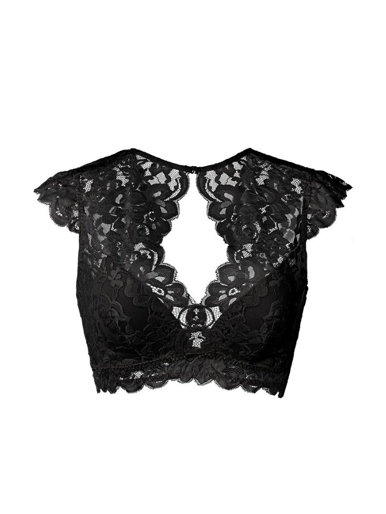 Front view of a black wireless lace bra with floral lace cap sleeves, a plunging V-neckline, and scalloped trim.