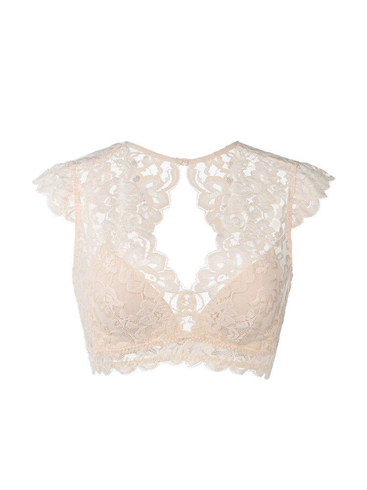 Front view of a champagne beige lace bralette with delicate floral patterns, a deep V-neckline, and scalloped lace edges.