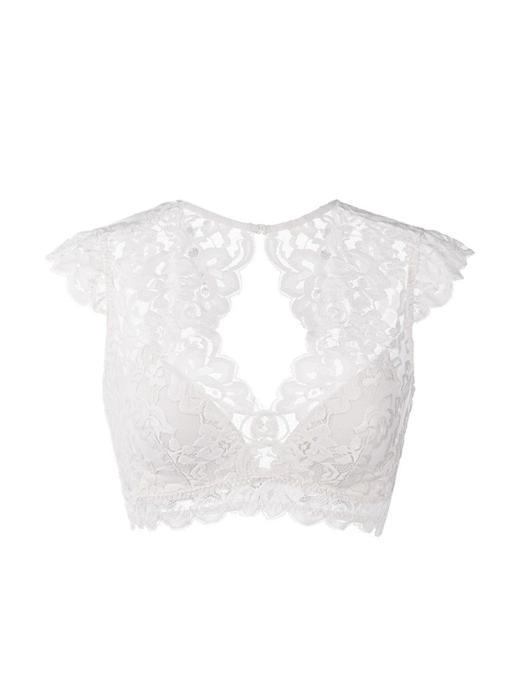 Front view of a white lace bralette featuring a deep V-neckline, floral lace cap sleeves, and scalloped edges.