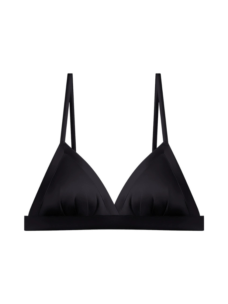 Front view of a black mulberry silk triangle bra with gathered cups, a smooth underbust band, and slim shoulder straps.