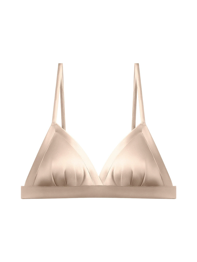 Front view of a champagne mulberry silk wireless bra featuring a deep V-neckline, gathered triangle cups, and slender straps.