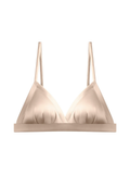 Front view of a champagne mulberry silk wireless bra featuring a deep V-neckline, gathered triangle cups, and slender straps.