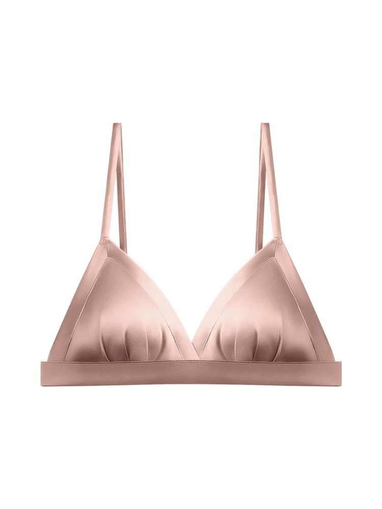 Front view of a dusty pink mulberry silk triangle bra with smooth, lightly gathered cups and a matching underbust band.