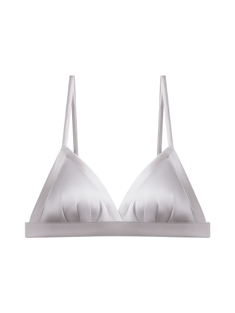 Front view of a silver gray mulberry silk bra with padded triangle cups, gathered fabric, and narrow shoulder straps.
