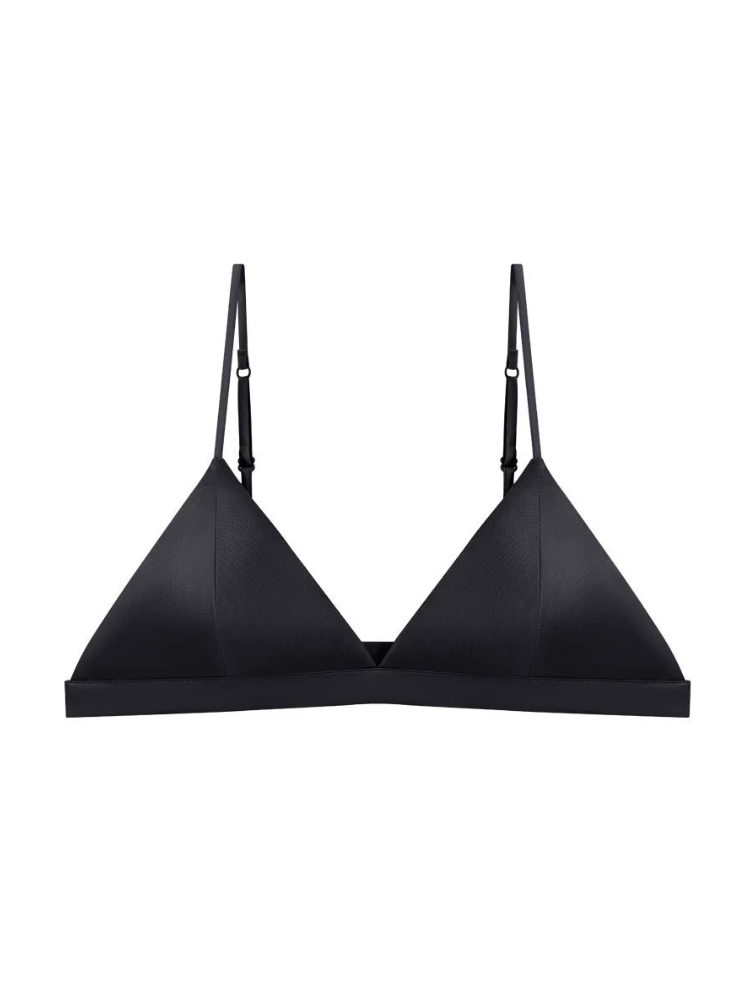 Front view of a black mulberry silk triangle bra featuring smooth triangular cups and slender shoulder straps.