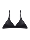 Front view of a black mulberry silk triangle bra featuring smooth triangular cups and slender shoulder straps.