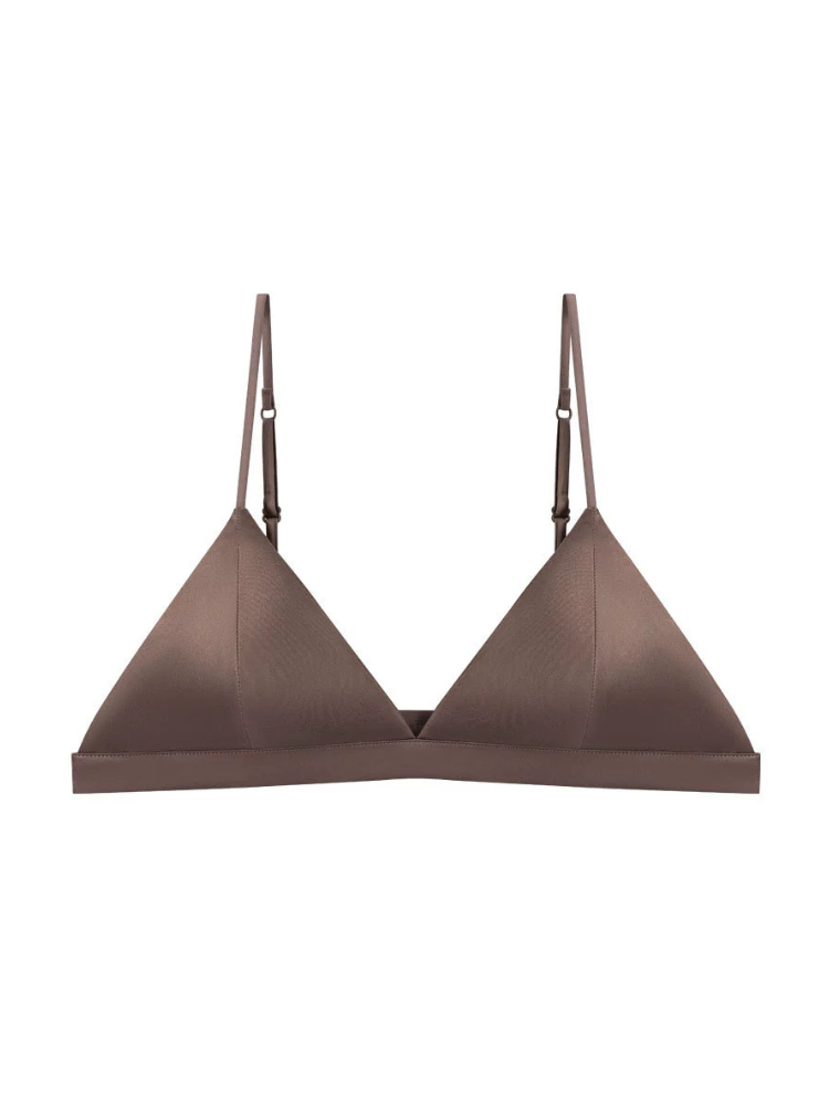 Front view of a champagne-colored mulberry silk triangle bra with a subtle sheen and minimalist silhouette.