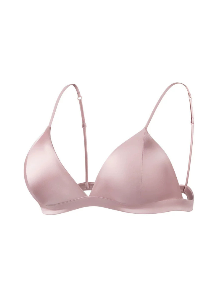 Front view of a dusty pink mulberry silk triangle bra with smooth cups and slim adjustable straps.