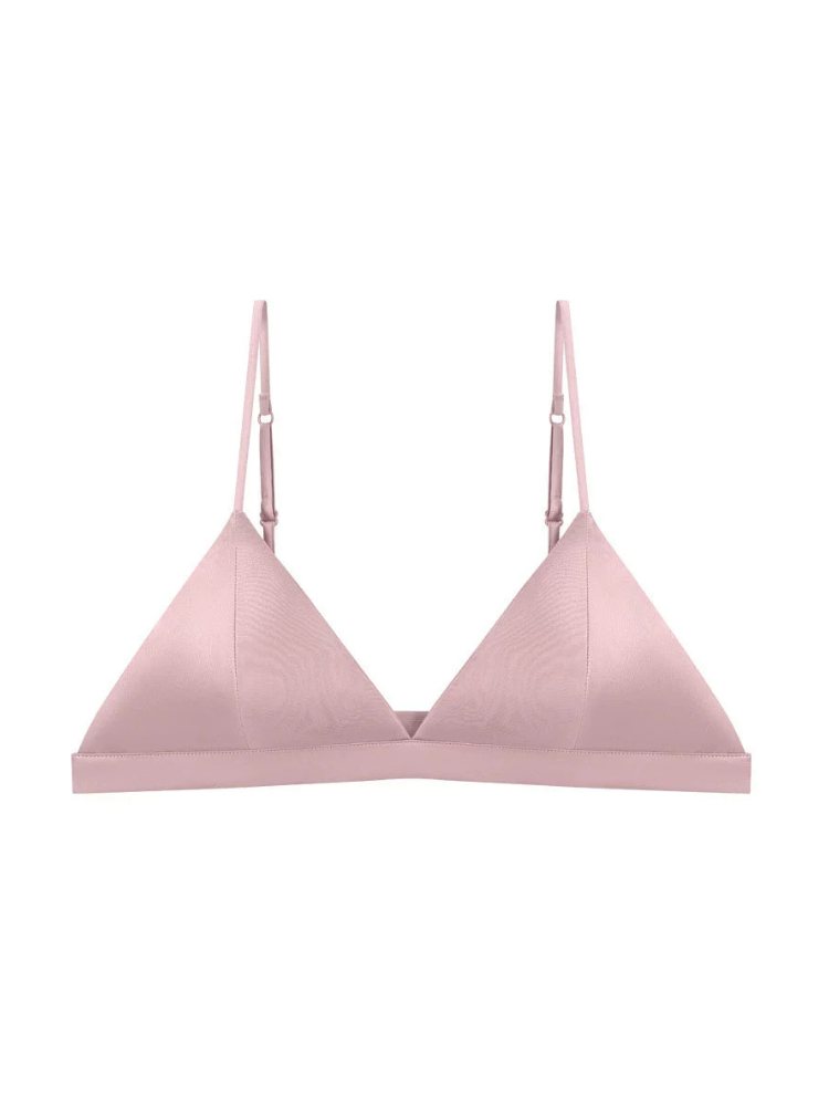 Front view of a light pink mulberry silk triangle bra with soft-looking cups and adjustable shoulder straps.