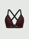 Plus size dark red floral lace bralette with front hook closure and crisscross front straps