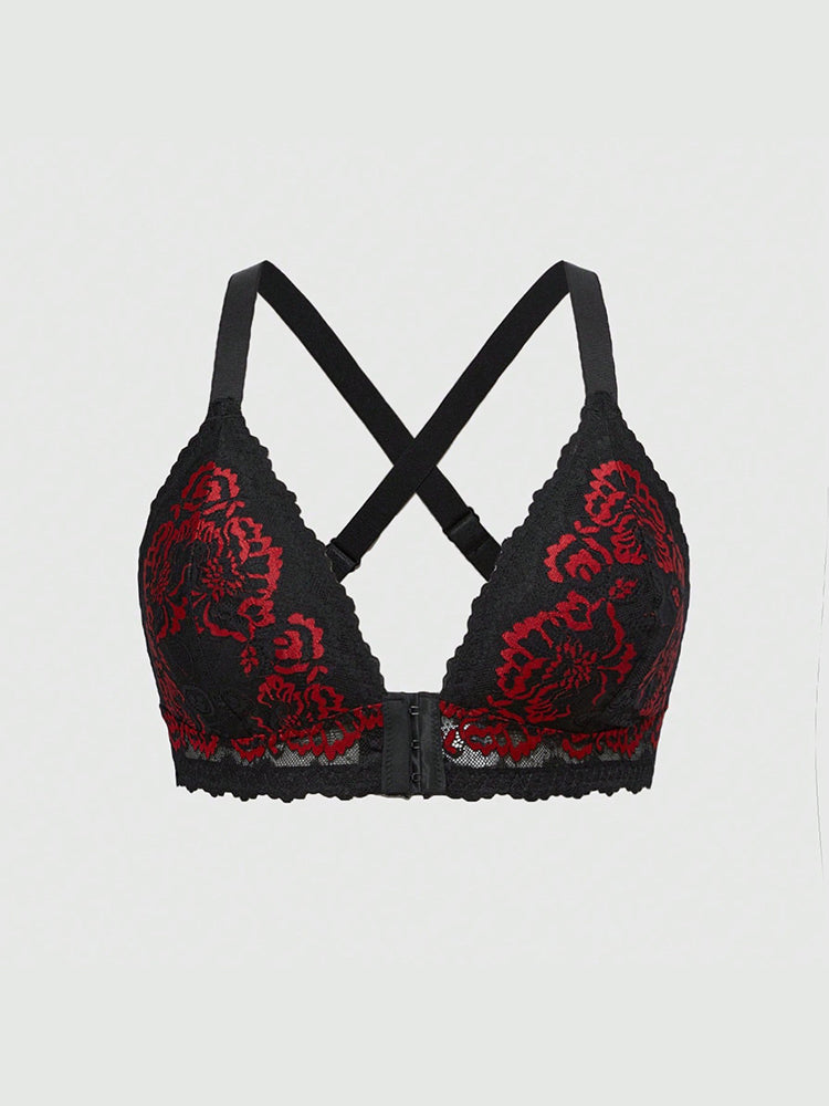 Plus size dark red floral lace bralette with front hook closure and crisscross front straps