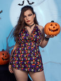 Plus size woman wearing a purple Halloween black cat print ruffle chemise babydoll dress with matching panty