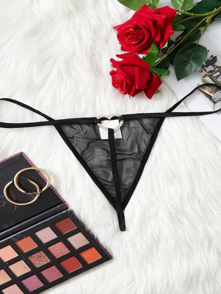 Plus size black sheer mesh brief with a sparkly heart buckle accent