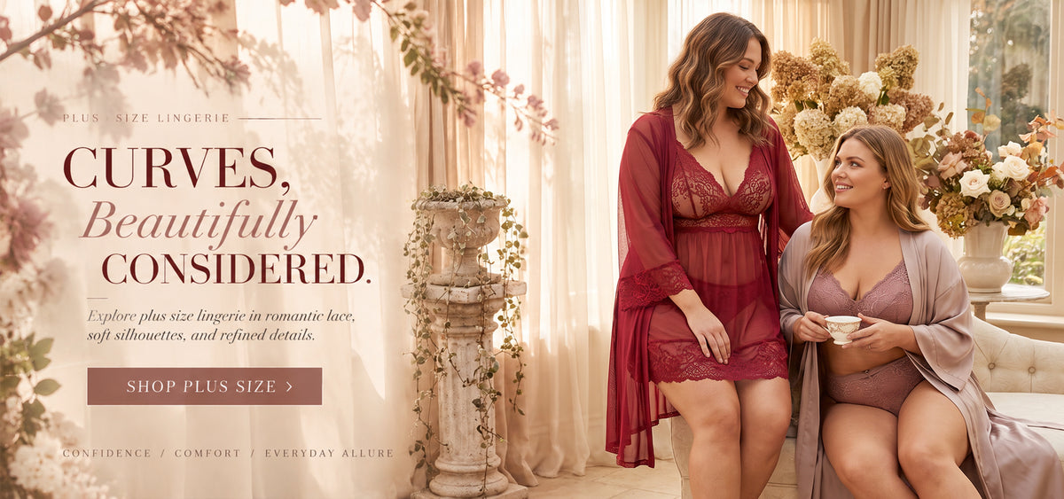 Plus size lingerie banner with two women in romantic lace styles in a warm elegant interior