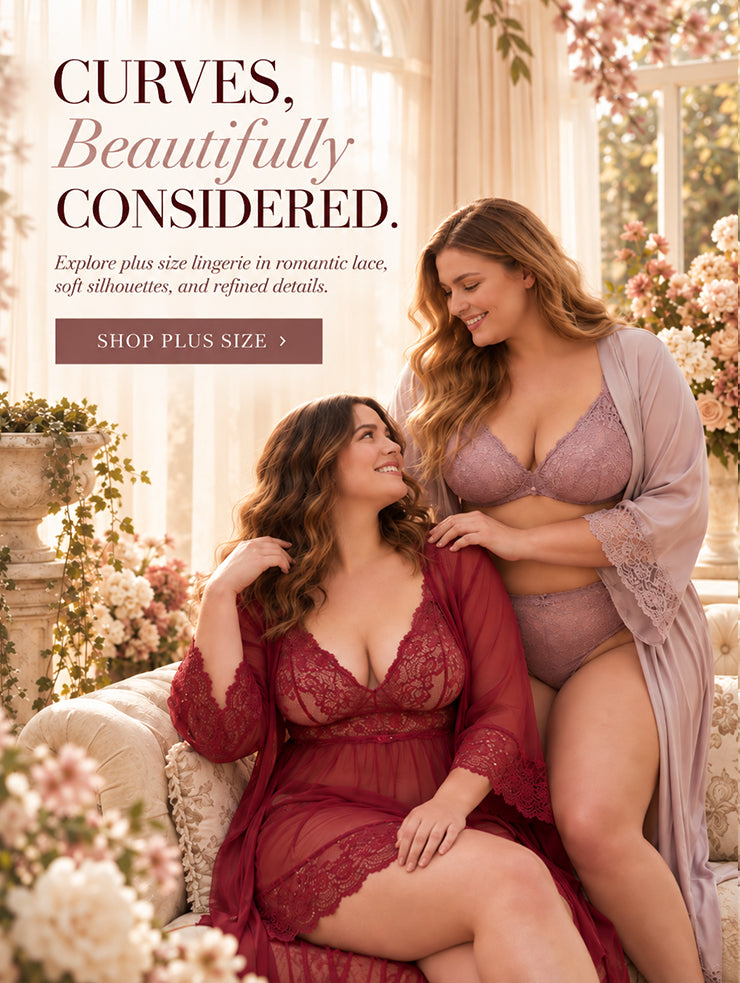 Mobile banner for plus size lingerie featuring two women in romantic lace styles in an elegant warm interior