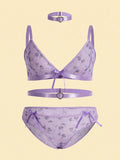 Plus size purple floral lace bralette set with matching panty, heart buckle choker, and waist strap