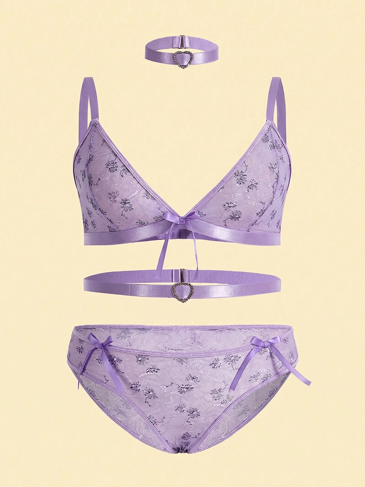 Plus size purple floral lace bralette set with matching panty, heart buckle choker, and waist strap