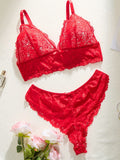 Plus size red floral lace bralette and matching scalloped panty two-piece lingerie set