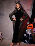Plus size model wearing a black velvet sheer mesh long sleeve Halloween maxi dress with matching brief