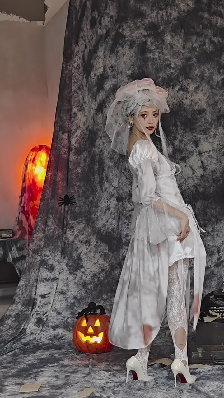 Silver gray haunted bride Halloween costume with bridal veil, lace-up waist cincher and layered dress