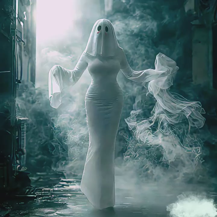 White ghost Halloween costume with floor-length dress, bell sleeves and matching ghost hood