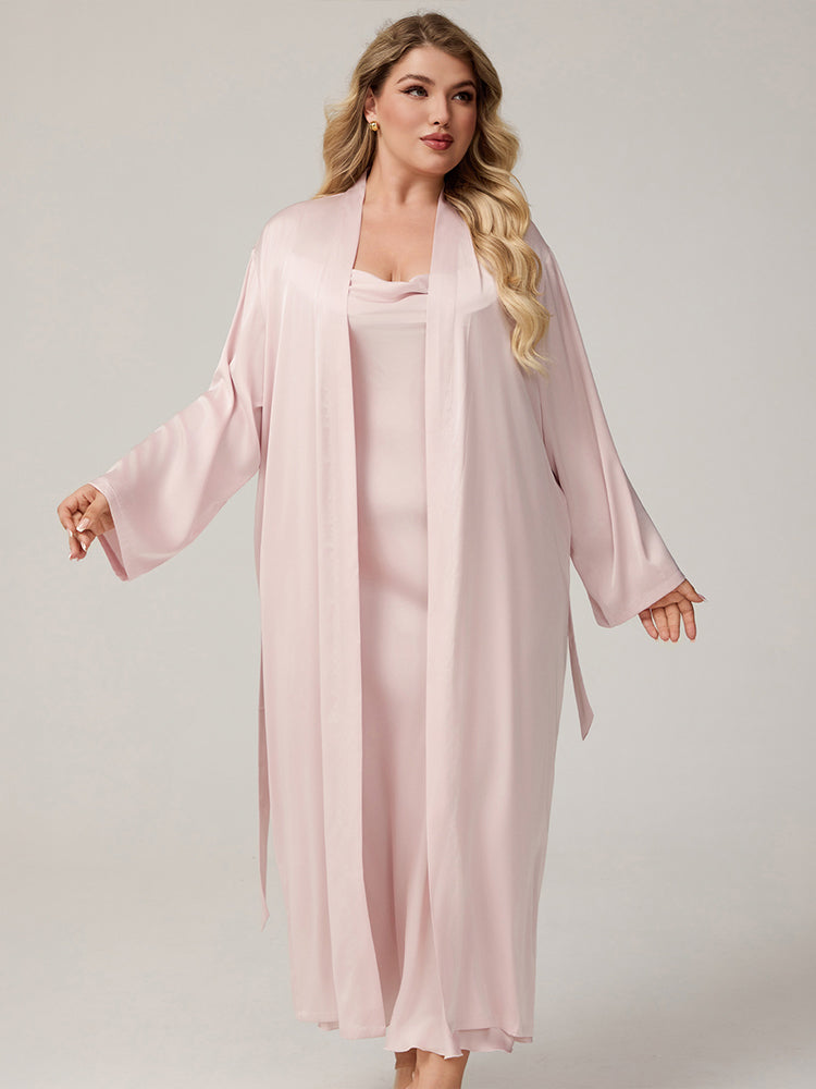 Plus size woman wearing 2 piece black satin cowl neck nightdress and long kimono robe set