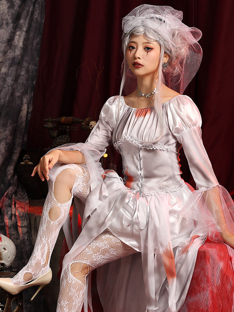 Silver gray haunted bride Halloween costume with bridal veil, lace-up waist cincher and layered dress