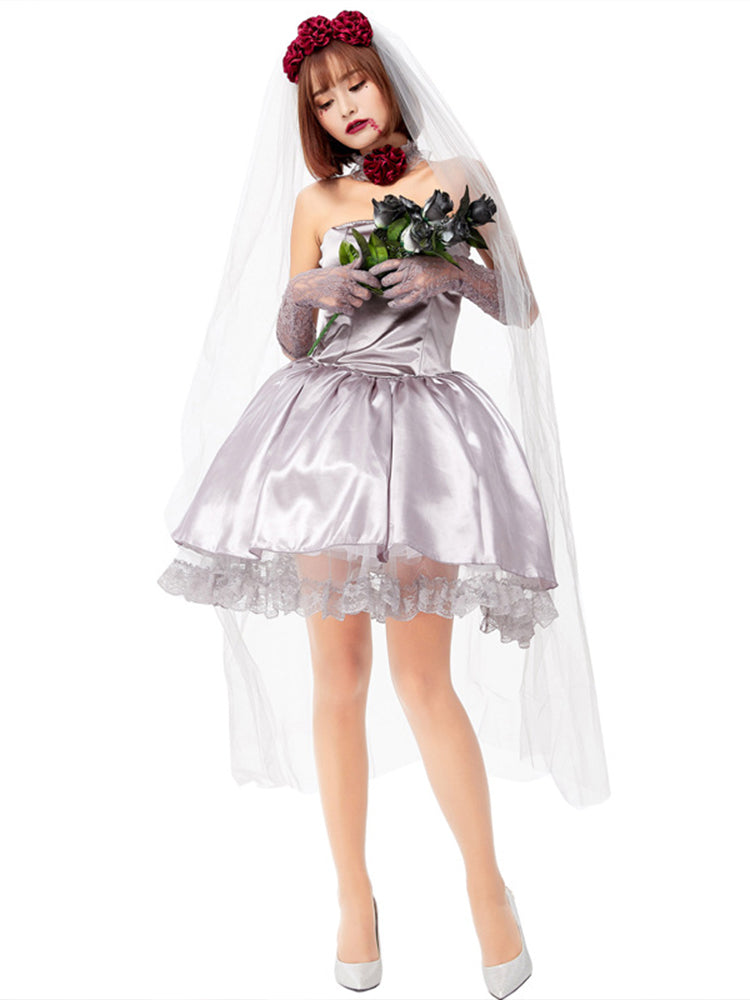 Silver gray rose bride Halloween costume with satin dress, red floral headpiece, veil and lace gloves