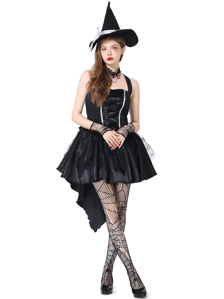 Black spiderweb witch Halloween costume with lace-up bodice, high-low skirt and pointed hat