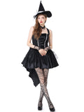 Black spiderweb witch Halloween costume with lace-up bodice, high-low skirt and pointed hat