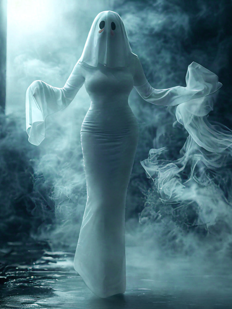 White ghost Halloween costume with floor-length dress, bell sleeves and matching ghost hood