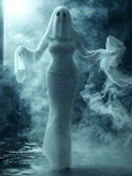 White ghost Halloween costume with floor-length dress, bell sleeves and matching ghost hood